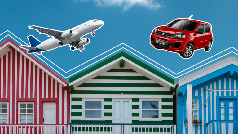 imagem capa de blog com três casas de cores diferentes uma do lado da outra, com uma colagem de um carro vermelho e um avião no céu representando quanto custa cumprir as metas de 2020