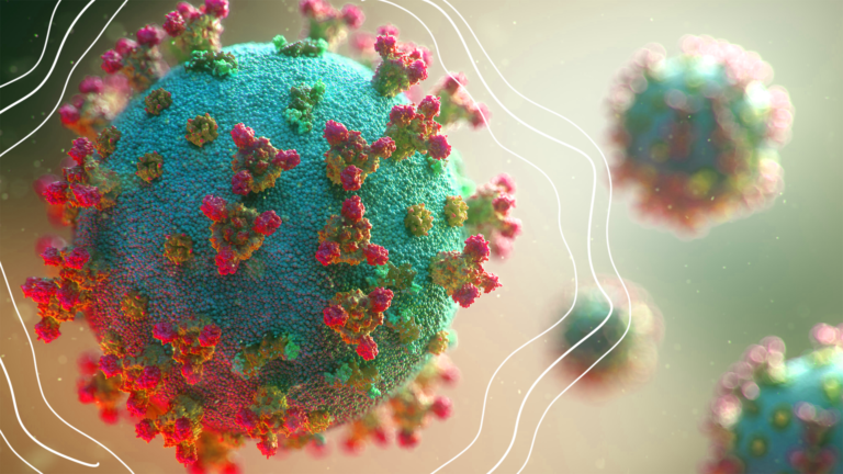 imagem do vírus covid-19 com vários outros ao fundo representando o coronavírus