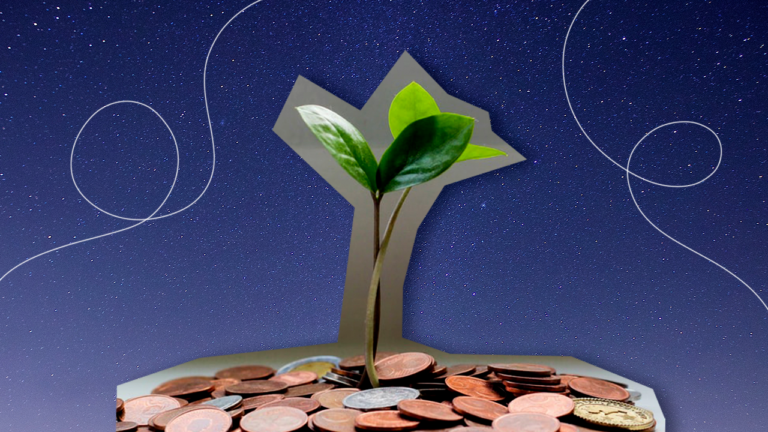 imagem capa com uma muda de planta nascendo num vaso com moedas representando os gastos que você pode cortar e economizar